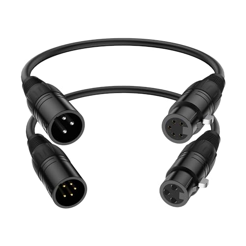 J&D XLR Cable 2-Pack, 3 Pin to 5 Pin Adapter (Male to Female & Female to Male) - DMX Microphone Cable for Audio & Stage Lighting, DMX512 Light Turnaround, 30 cm