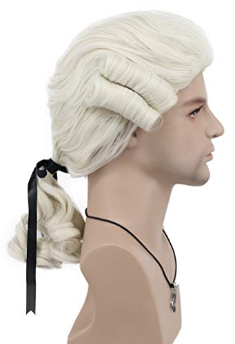 VGbeaty Men Long Curly Beige Colonial Judge Wig | Halloween Costume Cosplay Wig - color: beige