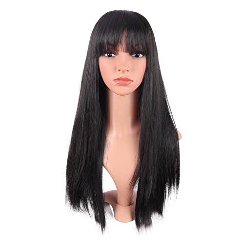 MapofBeauty 24 Inch Long Straight Flat Bangs Party Cosplay Wig, Black | 60 cm Synthetic Hair Wig, Heat Resistant, Women - color: Black