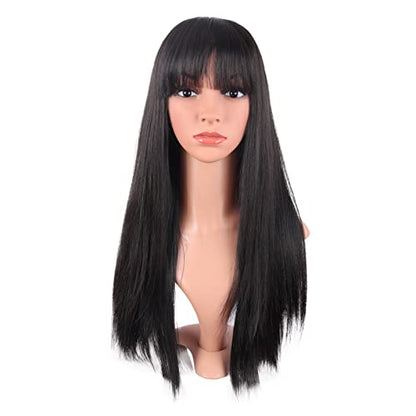 MapofBeauty 24 Inch Long Straight Flat Bangs Party Cosplay Wig, Black | 60 cm Synthetic Hair Wig, Heat Resistant, Women - color: Black
