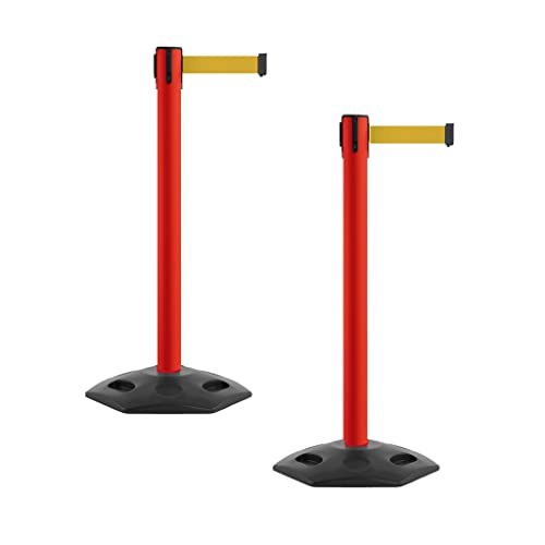 Montour Line MSR650 Set of 2 Retractable Belt Barrier Stanchion, Heavy-Duty Rubber Base, Red Steel Post (16 ft Yellow Belt) - color: Yellow, size: Red Steel