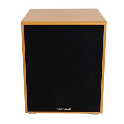 Rockville Rock Shaker 12 Wood 800W Peak/400W RMS Powered Home Theater Subwoofer 4 Ohm, Deep Bass, MDF Enclosure, RCA/High-Level Inputs, for Movies and Music - color: Classic Wood