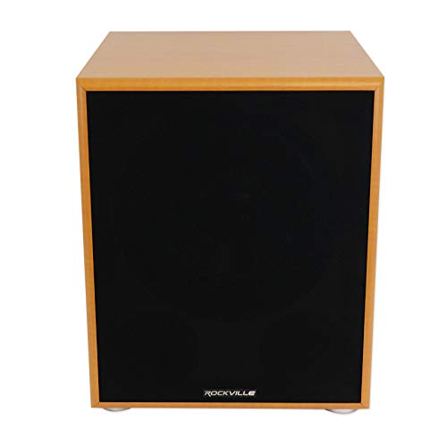 Rockville Rock Shaker 12 Wood 800W Peak/400W RMS Powered Home Theater Subwoofer 4 Ohm, Deep Bass, MDF Enclosure, RCA/High-Level Inputs, for Movies and Music - color: Classic Wood
