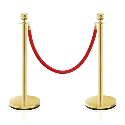 Gold Stainless Steel Stanchions Rope - Crowd Control Barriers with Red Carpet Safety Barrier, Velvet Ropes and Posts & Retractable Belts for Party Theater Weddings, Museums - 2 Pcs - color: Gold, size: 2Pcs