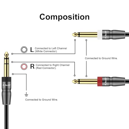 J&D 1/4 Inch TRS to Dual TS Cable, Gold Plated 6.35mm Stereo Male to 2 Mono Male Y Splitter Breakout Adapter for Audio Interface, Mixer, Studio Equipment, 10 Feet - size: 10 Feet