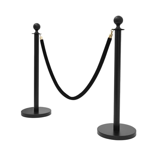 4 Pcs Stanchion Posts Queue with 5 Feet Velvet Ropes, Crowd Control Barriers Ball Top Stanchion Post Red Carpet Runner Poles Black for Party Theater Hotel Weddings Museums - color: Black