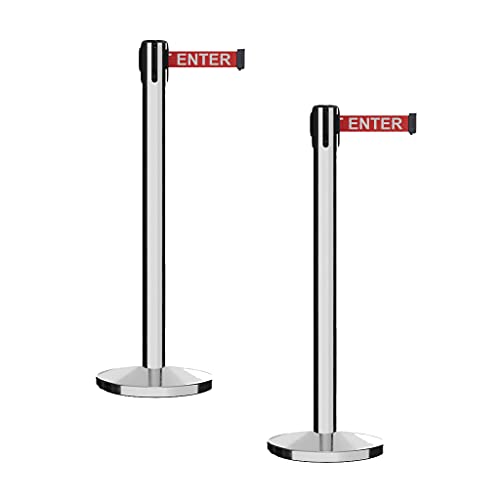 Montour Line MI650 Set of 2 Retractable Belt Barrier Stanchion, Cast Iron Base, Polished Stainless Steel Post (14 ft Red with "Caution - DO NOT Enter" White Letters Belt) - color: Red with "CAUTION - DO NOT ENTER" White Letters, size: Polished Stainless S