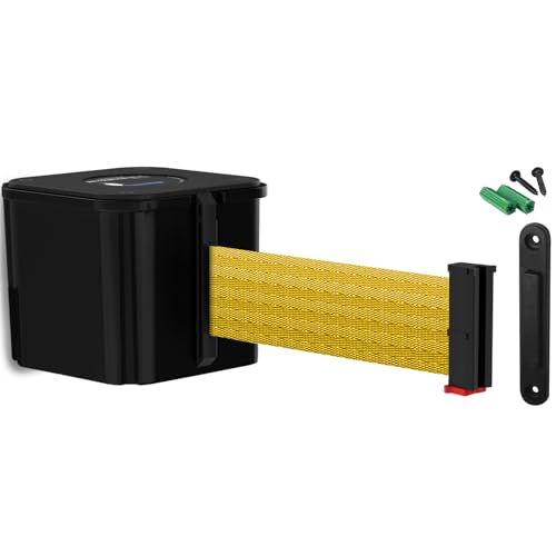 Wall Mounted Black Retracta-Belt 15' Yellow Belt Barrier | WM412 Series, Retractable Belt Wall Mounted Crowd Control Barrier with Receiving End - color: Black Case w/ Yellow Belt, size: 15' Belt