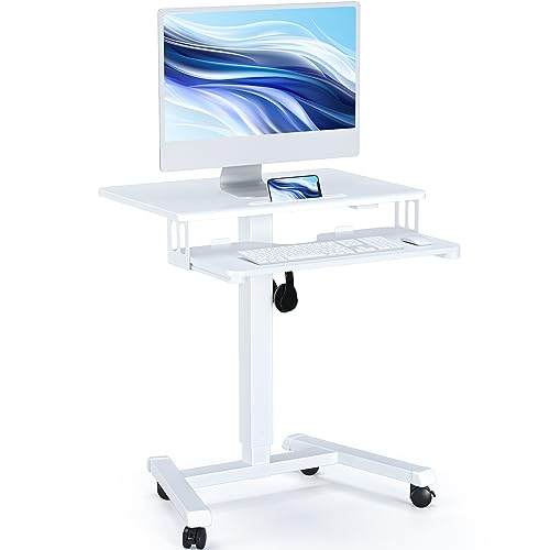 BONTEC Mobile Standing Desk with Keyboard Tray, Mobile Podium on Wheels - color: White