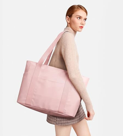WLLWOO Large Tote Bag, 14” Laptop Work Travel Bag with Trolley Sleeve | Multi Pocket Water Splash Zipper Shoulder Handbag for Women Daily Nurse Gym Commute - color: Pink