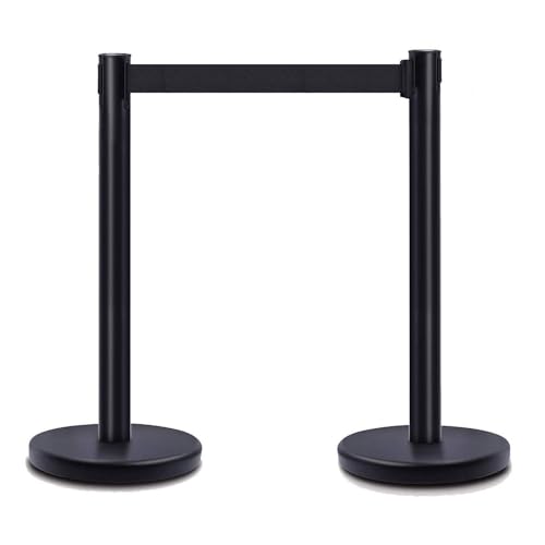 DuraSteel Black Crowd Control Barriers Stanchions with Retractable Belts - Metal Stanchion Posts w/ 6.5ft Black Retractable Barrier Belt Ropes - Queue VIP Safety Line Dividers - Set of 2 Stantions - color: Black Belt, style: Black Stanchion 2 Pcs Set
