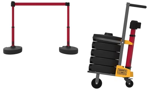 PL4000-RT Plus 75 ft Belt Barrier w/Cart Package & Tray | Mobile System, 5 Telescoping Stanchions, 15 ft Red Blank Retractable Banners, Accessory Tray - style: Red