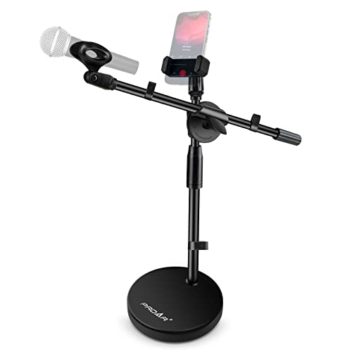 Microphone Stand Desk Adjustable Desktop Microphone Stand with Boom Arm Upgraded 3 in 1 Table Phone/Mic Stand with Microphone Clip,Cell Phone Clip,3/8" to 5/8" Adapter for Universail Mic | Upgraded 3-in-1 table phone/mic stand for calls and streaming. Inc
