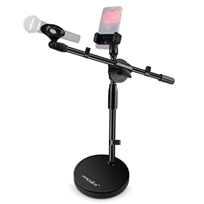 Microphone Stand Desk Adjustable Desktop Microphone Stand with Boom Arm Upgraded 3 in 1 Table Phone/Mic Stand with Microphone Clip,Cell Phone Clip,3/8" to 5/8" Adapter for Universail Mic | Upgraded 3-in-1 table phone/mic stand for calls and streaming. Inc