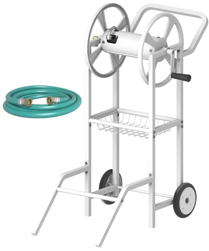 Hose Reel Cart with 2 Wheels, Garden Water Hose Holder Heavy Duty Powder Coated Steel Outdoor Winder Storage Holds 125 ft 5/8" Hoses with Basket and 3.9ft Leader Hose for Backyard, White - color: White