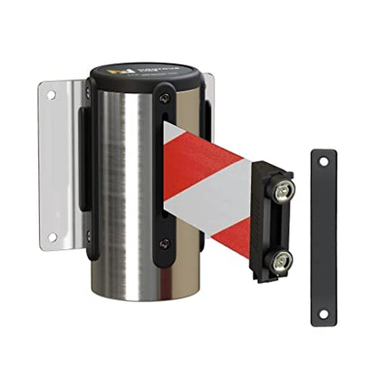 Montour Line WM115 Wall Mounted Retractable Belt Barrier with Magnetic Belt End, Magnetic Mount, Polished Stainless Steel Casing (11 ft Red and White Diagonal Belt) - color: Red and White Diagonal, size: 11 ft