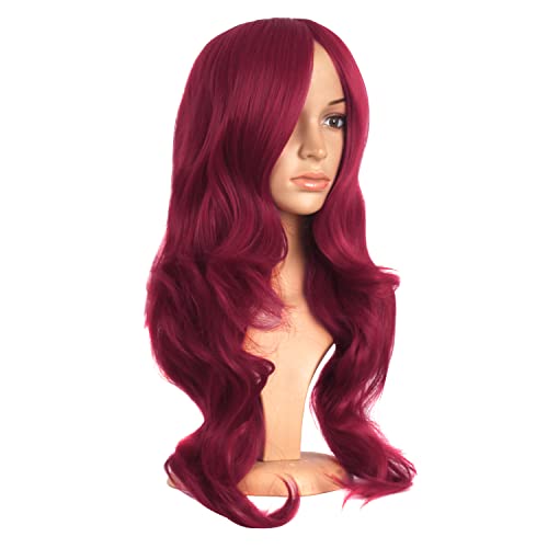 MapofBeauty 24 Inch Long Wavy Side Bangs Party Anime Cosplay Wig, Red | 60 cm Synthetic Fiber Wig, Women, Charming - color: Blood Red