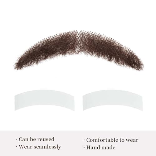 Parceria Human Hair Curly Fake Beard and Mustache, Natural Looking Costume Facial Hair, Realistic Mustache Trimmable and Customizable Beard Invisible Lace for Men (QSH Brown Beard) - color: QSH Brown Beard