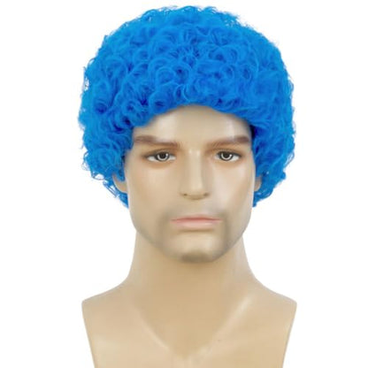 Swiking Mens Short Blue Afro Curly Wigs for Male Guy Rocker Wig California Halloween Cosplay Costume Fibre Hair Wig - color: Blue
