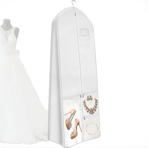 72" Long Wedding Dress Garment Bag with 10" Gusset, Bridal Gown Storage Cover with 4 Pockets, Dress Bag for Women Gowns,Prom,Ballgowns,White (72" x 24" x 10") - color: White and Clear