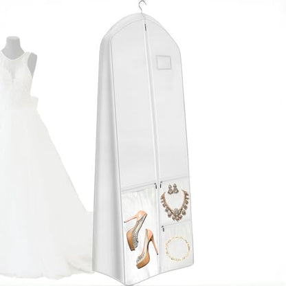 72" Long Wedding Dress Garment Bag with 10" Gusset, Bridal Gown Storage Cover with 4 Pockets, Dress Bag for Women Gowns,Prom,Ballgowns,White (72" x 24" x 10") - color: White and Clear