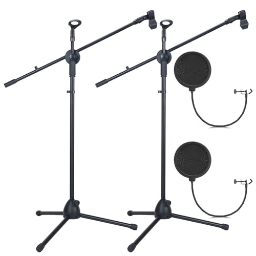 Sherr 2 Pcs Tripod Microphone Stand Adjustable Boom Height Mic Stand with Mic Clip and Windscreen for Live Stream, Singing, Stage Performance, Studio, Max Height 60 Inch