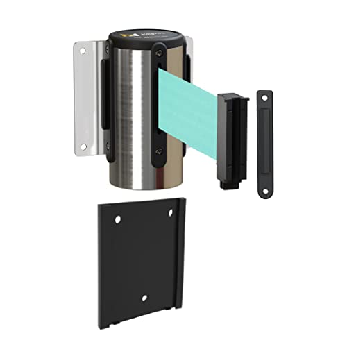 Montour Line WM115 Wall Mounted Retractable Belt Barrier with Standard Belt End, Removable Mount, Polished Stainless Steel Casing (8.5 ft Light Green Belt) - color: Light Green, size: 8.5 ft
