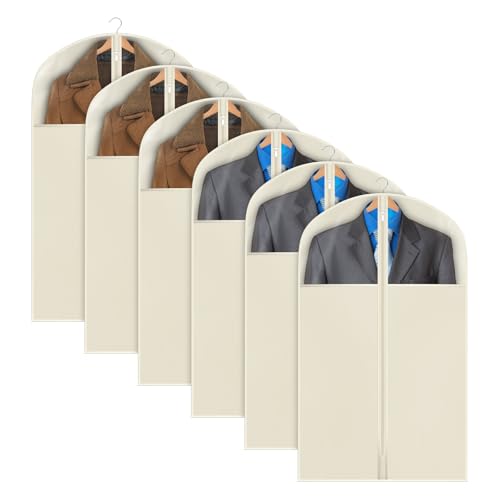 Univivi Garment Bag Suit Bag for Closet Storage, Beige, 40 Inch, Set of 6 | Travel Bag with Zipper and Visible Transparent Window, Oxford Fabrics, Foldable Washable Suit Cover for Jacket, Suits, Coats - size: 24"X40"-6pcs - Beige