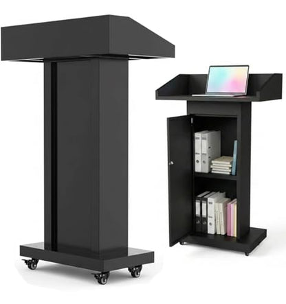 Podium Stand with 4 Locking Wheels, Heavy-Duty Metal Lectern with Large Lockable Storage Cabinet, Flat Desktop for Church, School, Office, and Conference, 43.7" H, Black - color: Classic Rectangular Steel - Black