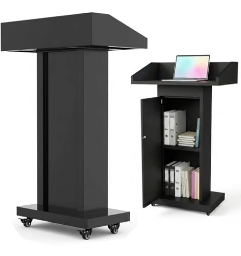 Podium Stand with 4 Locking Wheels, Heavy-Duty Metal Lectern with Large Lockable Storage Cabinet, Flat Desktop for Church, School, Office, and Conference, 43.7" H, Black - color: Classic Rectangular Steel - Black