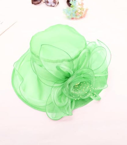 Women Derby Fascinator Hat Organza Church Wedding Hats Wide Brim Cocktail Tea Party Hat - color: 08 Mint Green