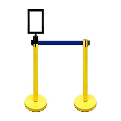 Retractable Stanchion, 6 SPECIALTY Posts + Signframe, 36" Ht, 78" Special Event & Holiday Theme Belt + Bonus Replacement Cassettes + Wall Receiver (Yellow Post/Blue Belt) - color: Yellow Post/Blue Belt