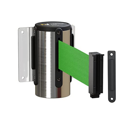 Montour Line WM115 Wall Mounted Retractable Belt Barrier with Standard Belt End, Fixed Mount, Polished Stainless Steel Casing (8.5 ft Green Belt) - color: Green, size: 8.5 ft