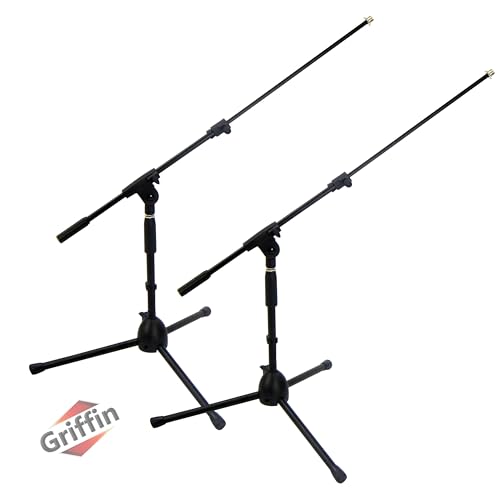 GRIFFIN 2 Pack Short Tripod Mic Stands (Low Profile-X Series) with Boom Arm & Telescoping Holder – For Kick Drum, Studio Recording & Guitar Amp Mic - size: 2 Pack