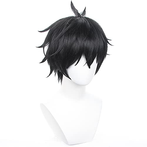 Anime Black Short Wigs with Bangs Men Short Straight Wig Layered Haircut Wig Game Dragon Lunae Cosplay Wigs Halloween,Christmas,Comic con,Game Show,Party - color: Black Green