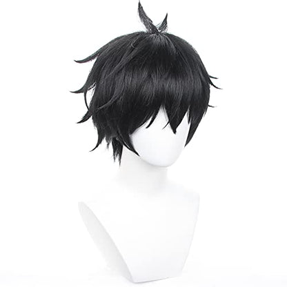 Anime Black Short Wigs with Bangs Men Short Straight Wig Layered Haircut Wig Game Dragon Lunae Cosplay Wigs Halloween,Christmas,Comic con,Game Show,Party - color: Black Green