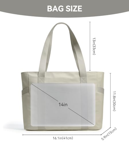 WLLWOO Large Tote Bag, 14” Laptop Work Travel Bag with Trolley Sleeve | Multi Pocket Water Splash Zipper Shoulder Handbag for Women Daily Nurse Gym Commute - color: Greyish Brown