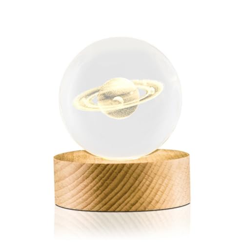 Flexzion 3D Saturn Crystal Ball Night Light - LED Light Hologram Glass Lamp with Solid Wood Base, USB Powered Crystal Ball Lamp with Adjustable Brightness for Home Decor Display Gift, 2.4inch(60mm) | Saturn Lamp with Solid Beech Wood Base and Adjustable B