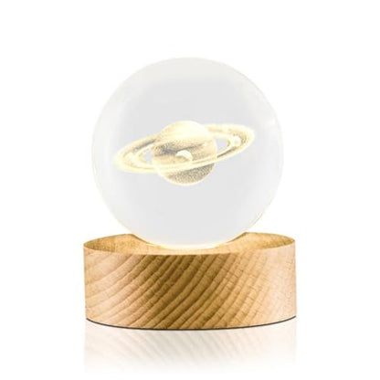 Flexzion 3D Saturn Crystal Ball Night Light - LED Light Hologram Glass Lamp with Solid Wood Base, USB Powered Crystal Ball Lamp with Adjustable Brightness for Home Decor Display Gift, 2.4inch(60mm) | Saturn Lamp with Solid Beech Wood Base and Adjustable B