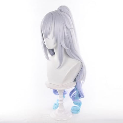 Lv999 Silver Wolf Grey Gradient Sky Blue Lake Blue Women Long Curly Hair,Split Tiger Clip Anime Game Halloween Party Costume with Free Hairnet - color: Grey Gradient Sky Blue