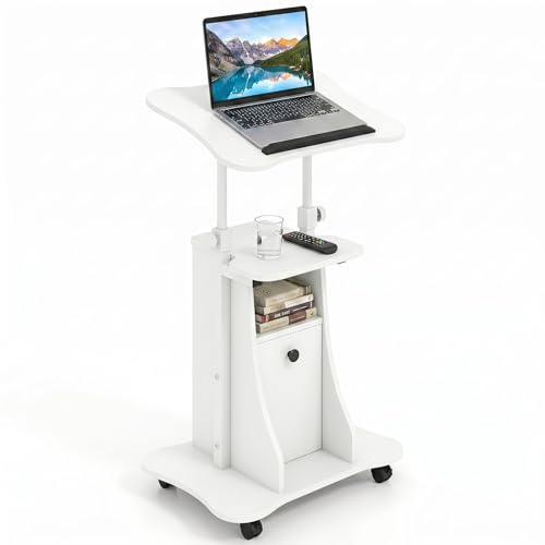 Tangkula Rolling Lectern Podium Stand, Height Adjustable Laptop Table with Tilting Tabletop & Storage Shelves, Compact Standing Desk with Lockable Casters for Home Office School (White) - color: White, size: 21.5" x 16" x 37.5"