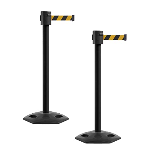 Montour Line MSR760 Set of 2 Retractable Belt Barrier Stanchion, Rubber Base, Black Powder Coated Post (35 ft Black & Yellow Diagonal Belt) - color: Black & Yellow Diagonal, size: Black Powder Coated