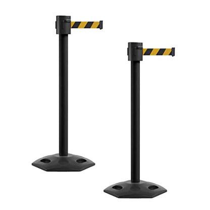 Montour Line MSR760 Set of 2 Retractable Belt Barrier Stanchion, Rubber Base, Black Powder Coated Post (35 ft Black & Yellow Diagonal Belt) - color: Black & Yellow Diagonal, size: Black Powder Coated