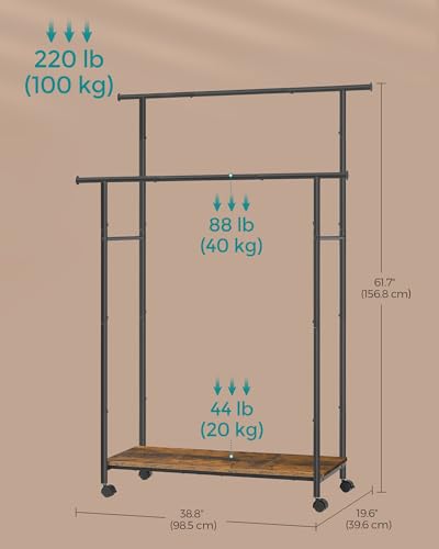 SONGMICS Clothes Rack with Wheels, Steel Garment Rack with Shelf | Clothing Rack for Hanging Clothes, 38.8 Inches, Loads up to 220 lb, Black and Rustic Brown, COLTEN Collection UHSR152B01 - color: Black, style: Double Rod