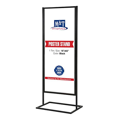 M&T Displays Metal Eco Info Board Black 18x60 Inches Slide-In Poster Sign Holder 1 Tier Double Sided Floor Standing Advertising Display with Backing and Anti-Glare PET Cover