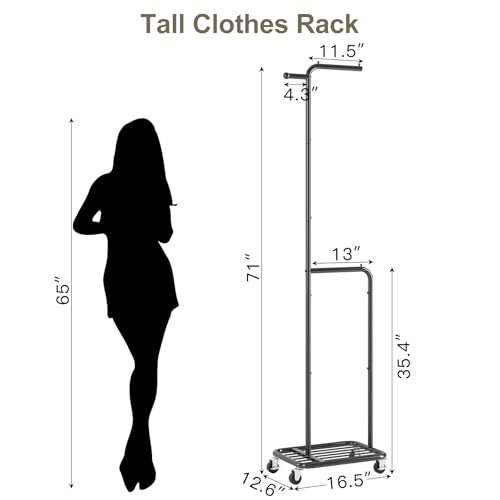 Small Rolling Clothing Rack with Shelf, Narrow Clothes Rack with Wheels | Gasvadivum 71" Tall Sturdy Metal Garment Rack with Hanging Rod, Freestanding Portable Coat Rack for Bedroom, Entryway, Black - color: Black