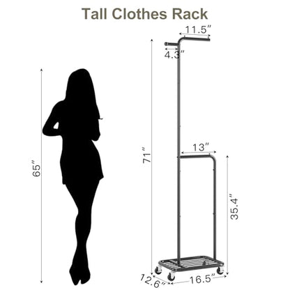 Small Rolling Clothing Rack with Shelf, Narrow Clothes Rack with Wheels | Gasvadivum 71" Tall Sturdy Metal Garment Rack with Hanging Rod, Freestanding Portable Coat Rack for Bedroom, Entryway, Black - color: Black