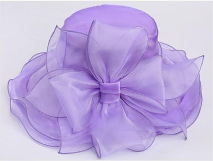 Women Derby Fascinator Hat Organza Church Wedding Hats Wide Brim Cocktail Tea Party Hat - color: 039 Purple