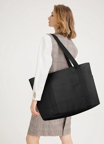 WLLWOO Large Tote Bag, 14” Laptop Work Travel Bag with Trolley Sleeve | Multi Pocket Water Splash Zipper Shoulder Handbag for Women Daily Nurse Gym Commute - color: Black