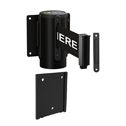 WM115 Wall Mounted Retractable Belt Barrier with Standard Belt End, Removable Mount, Black Casing (8.5 ft Black with "Please Wait HERE" White Letters Belt) - color: Black with "PLEASE WAIT HERE" White Letters, size: 8.5 ft